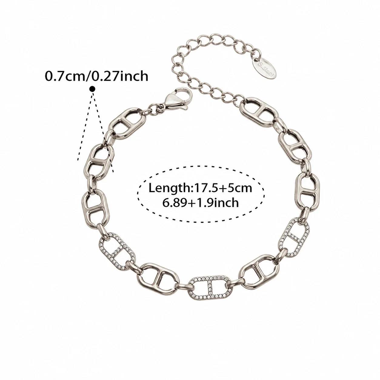 Polished 18K Gold-Plated 316L CZ Mariner-Link Jewelry Set - Silver 17.5+5 cm