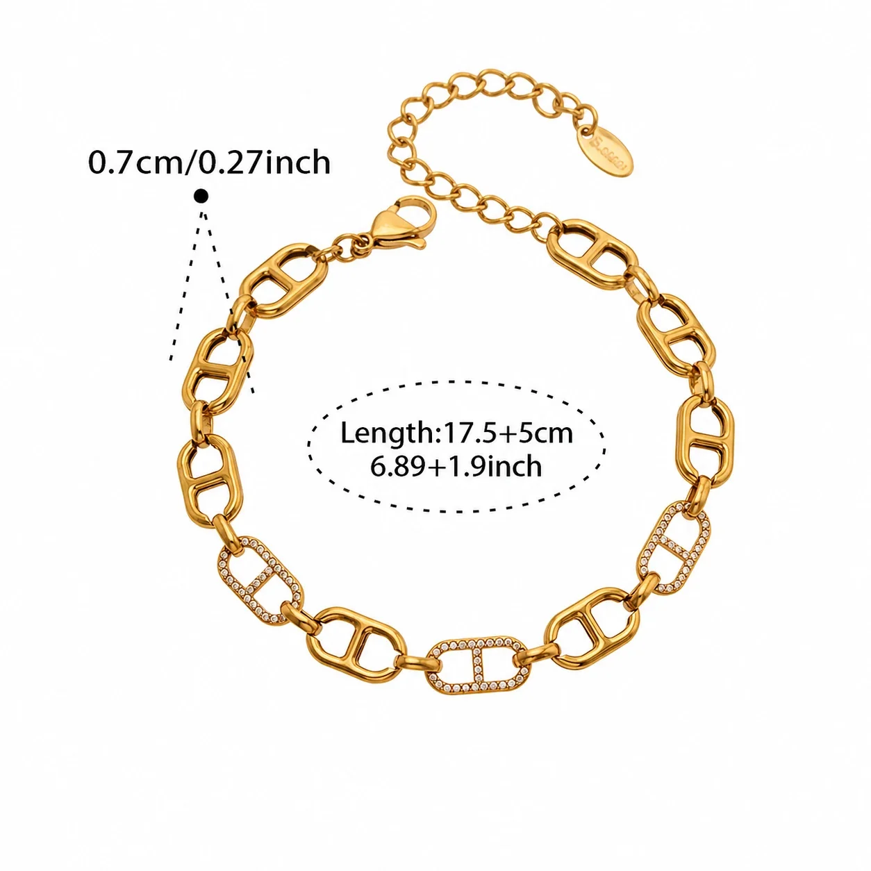 Polished 18K Gold-Plated 316L CZ Mariner-Link Jewelry Set - Gold 17.5+5 cm