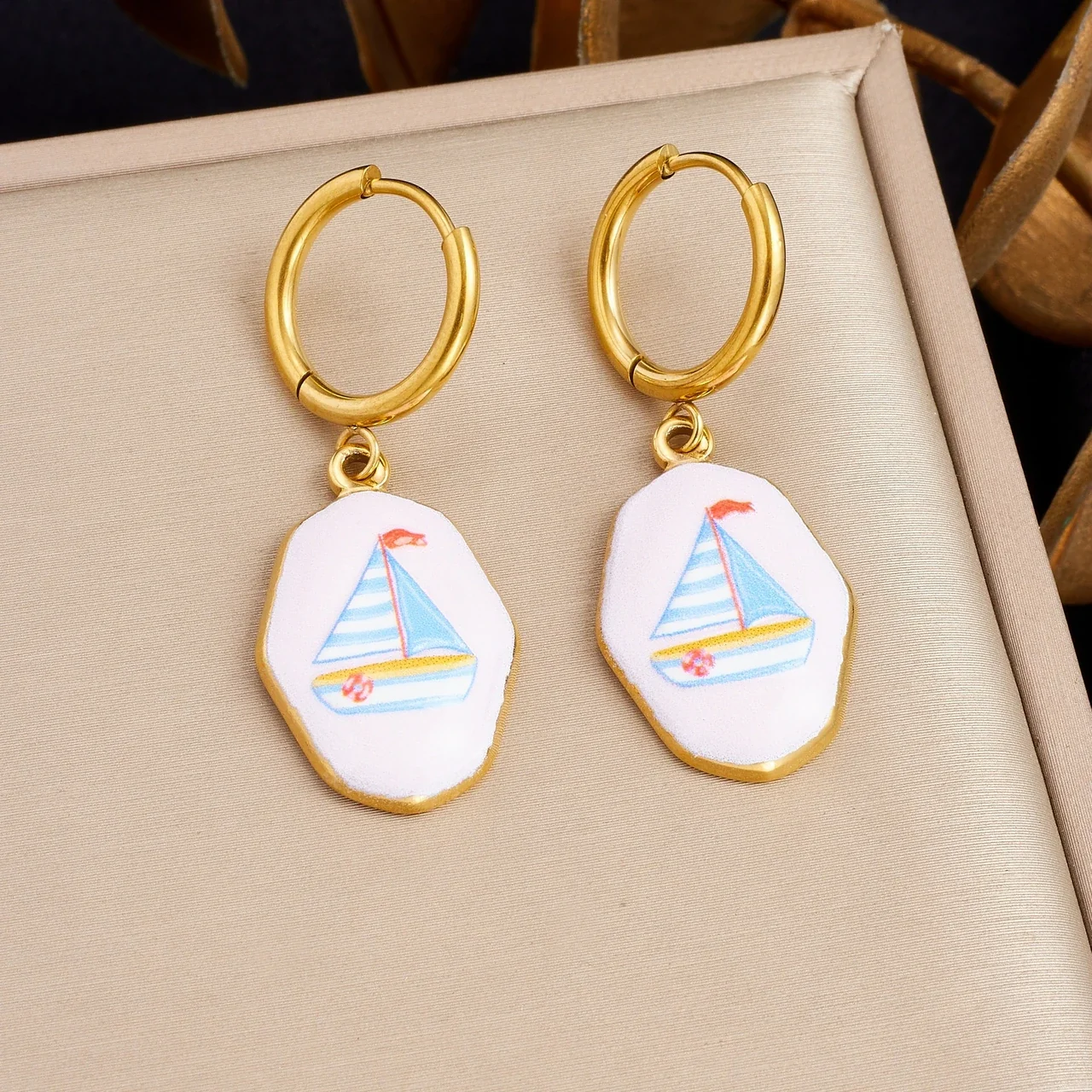 Hoop Earrings with Sailboat Enamel Tag, Gold-Plated Stainless Steel