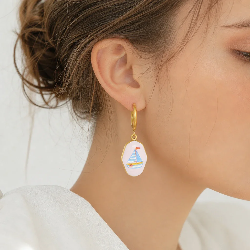 Hoop Earrings with Sailboat Enamel Tag, Gold-Plated Stainless Steel