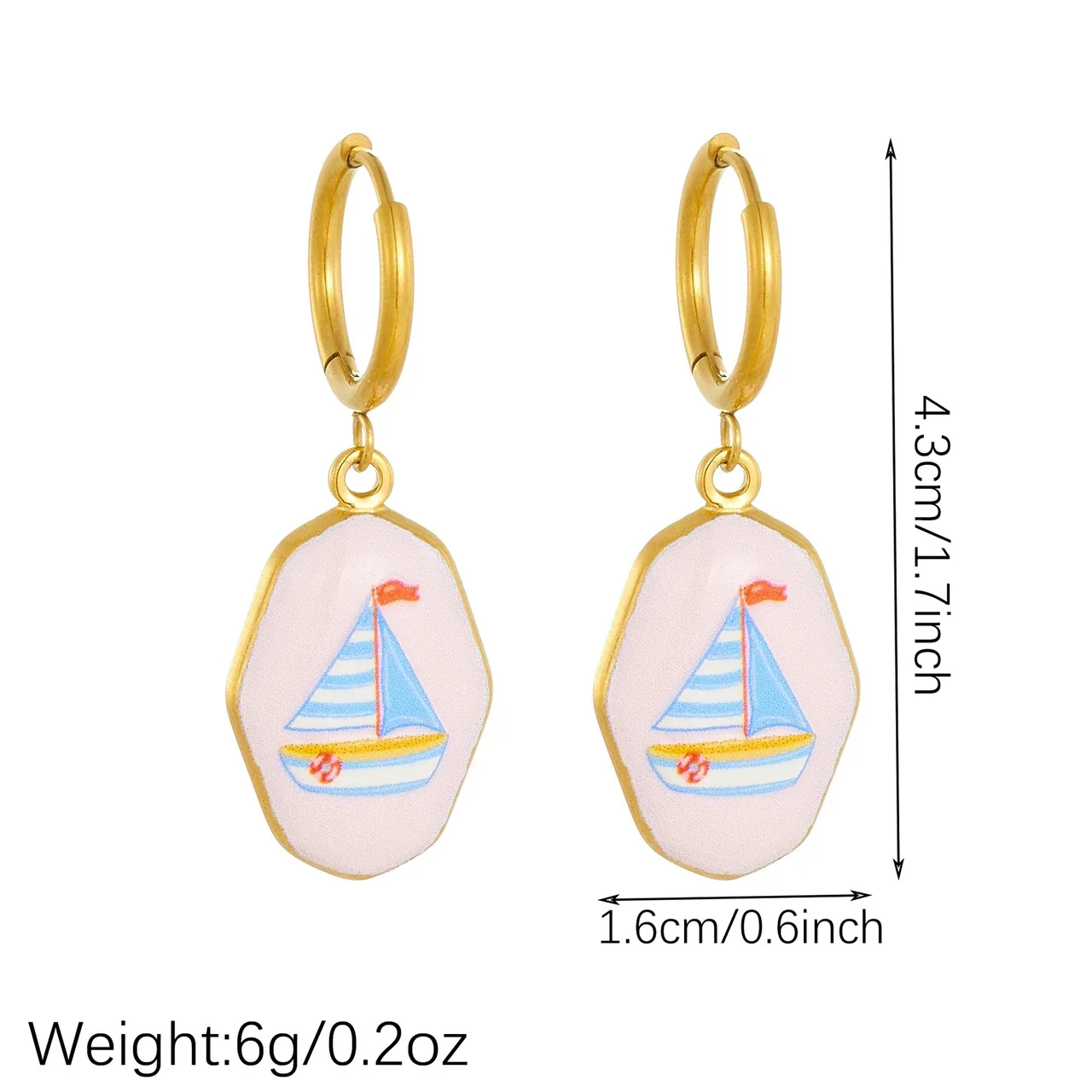 Hoop Earrings with Sailboat Enamel Tag, Gold-Plated Stainless Steel