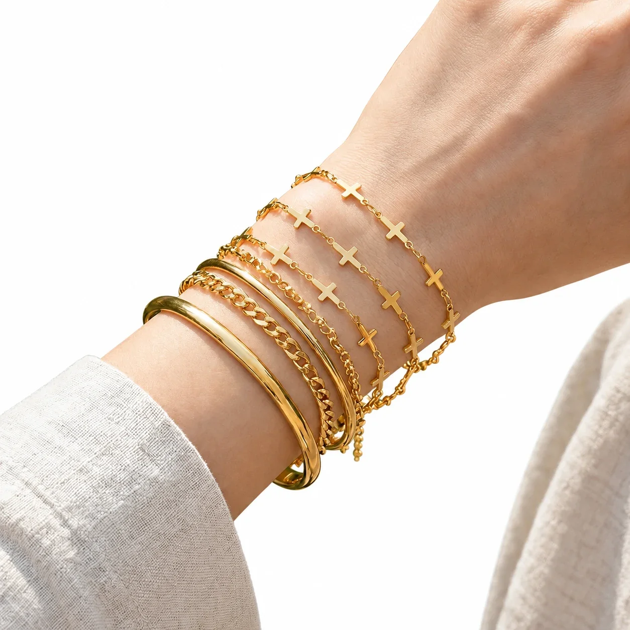 Cross Link Bracelet with Extender, 18K Gold-Plated Stainless Steel