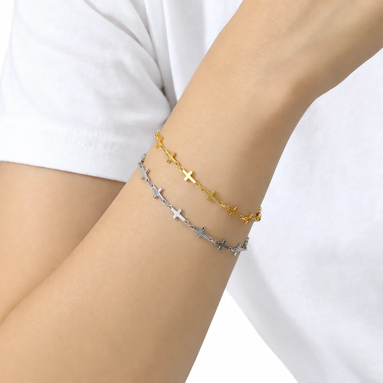 Cross Link Bracelet with Extender, 18K Gold-Plated Stainless Steel