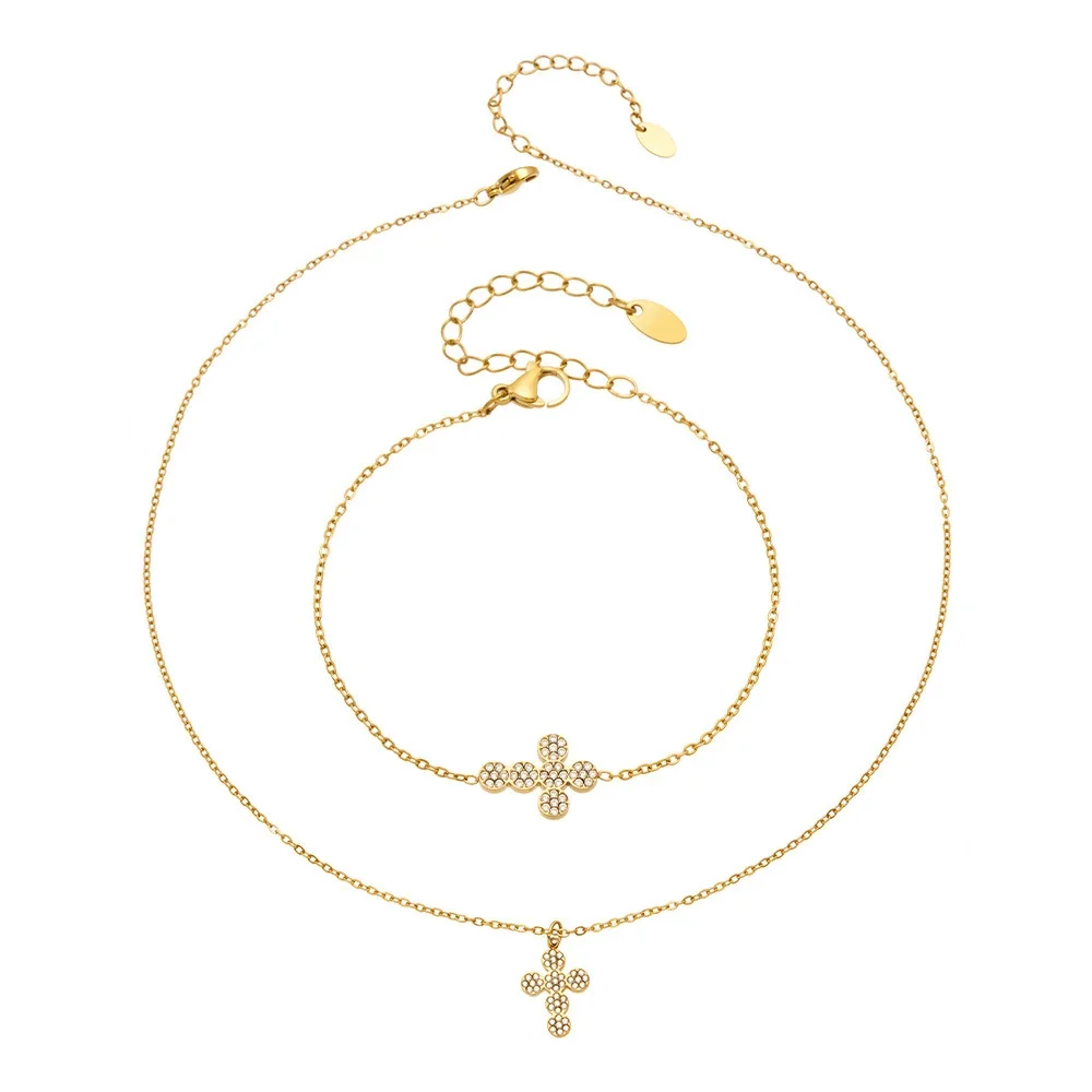 Delicate Gold PVD 316 Stainless Steel Stainless CZ Cross Jewelry Set