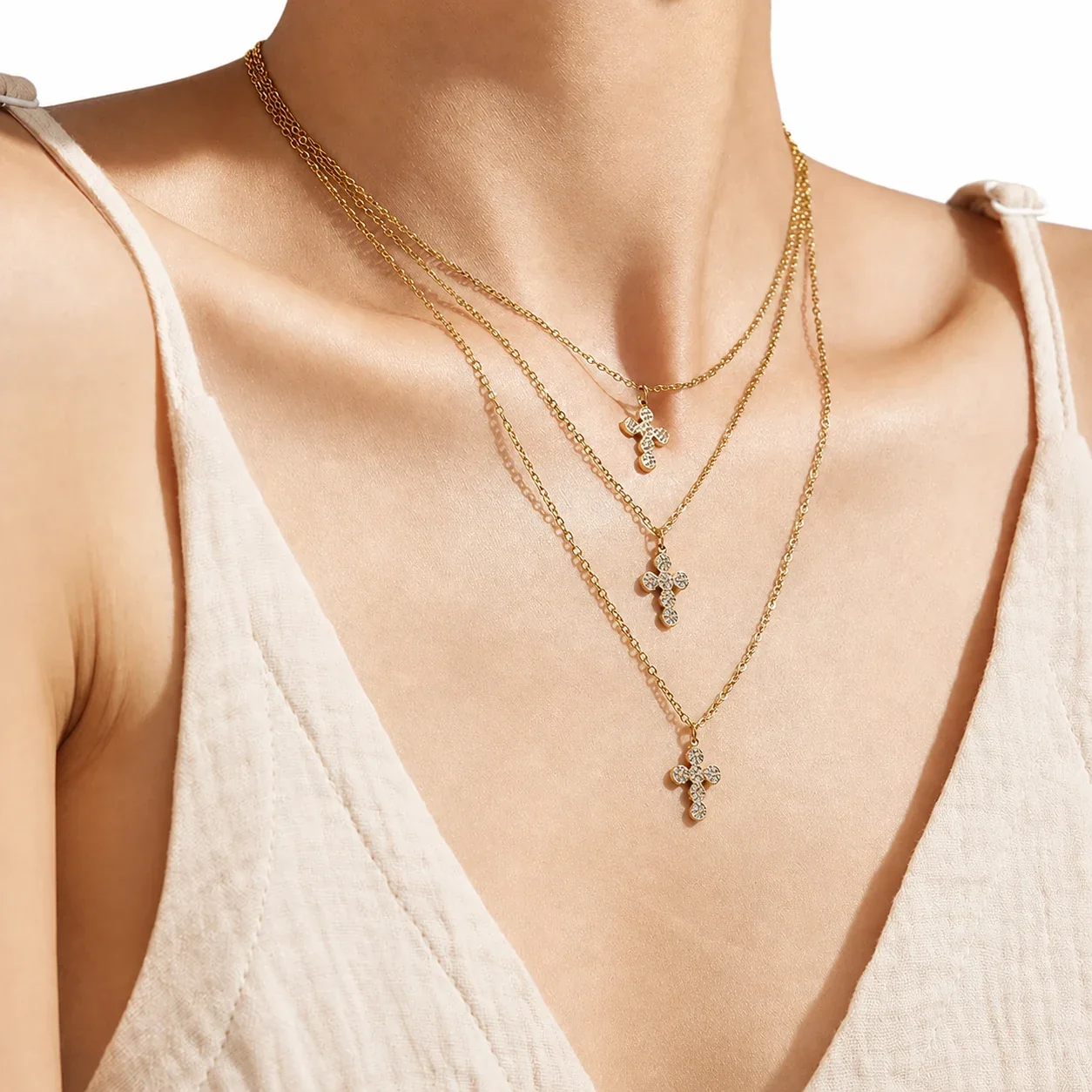 Delicate Gold-Plated 316 Stainless CZ Cross Jewelry Set