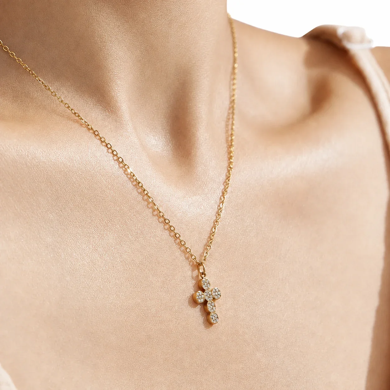 Delicate Gold-Plated 316 Stainless CZ Cross Jewelry Set