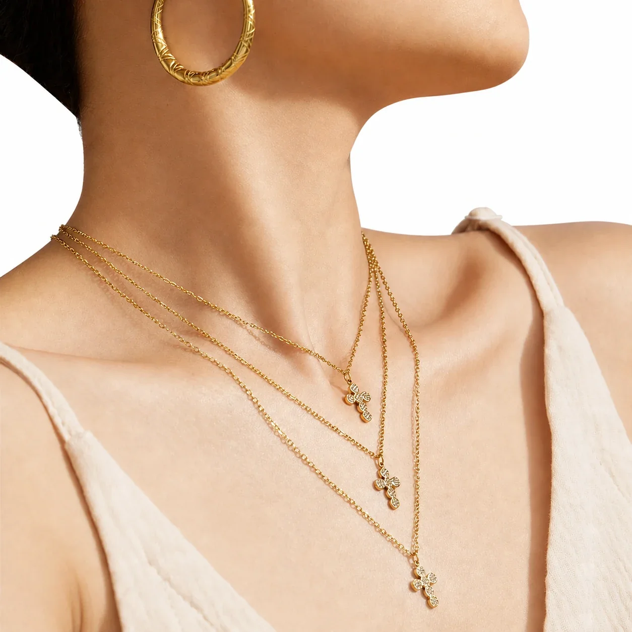 Delicate Gold-Plated 316 Stainless CZ Cross Jewelry Set