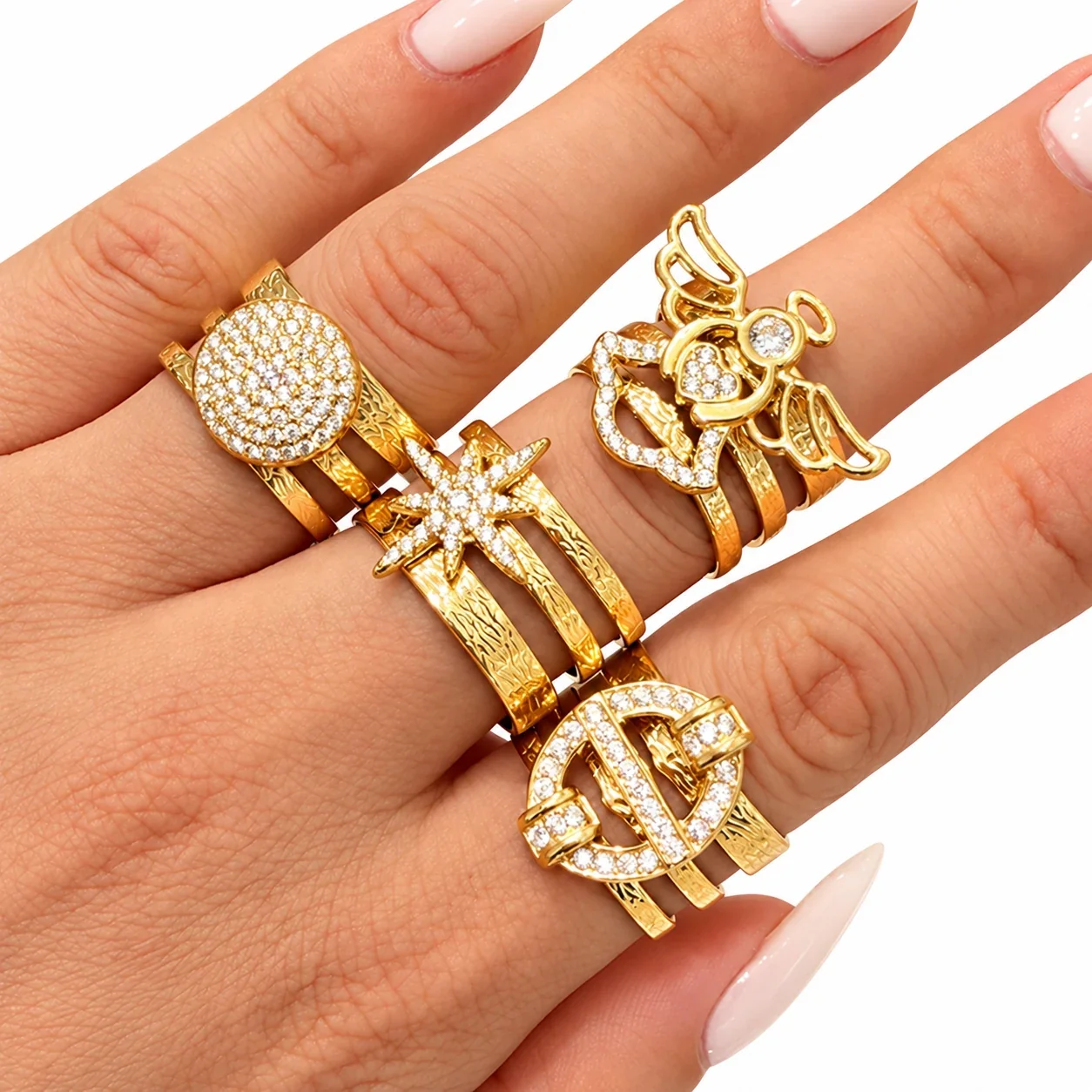 Open ringen met pavé-motieven en geëtste drievoudige banden, roestvrij staal productfoto