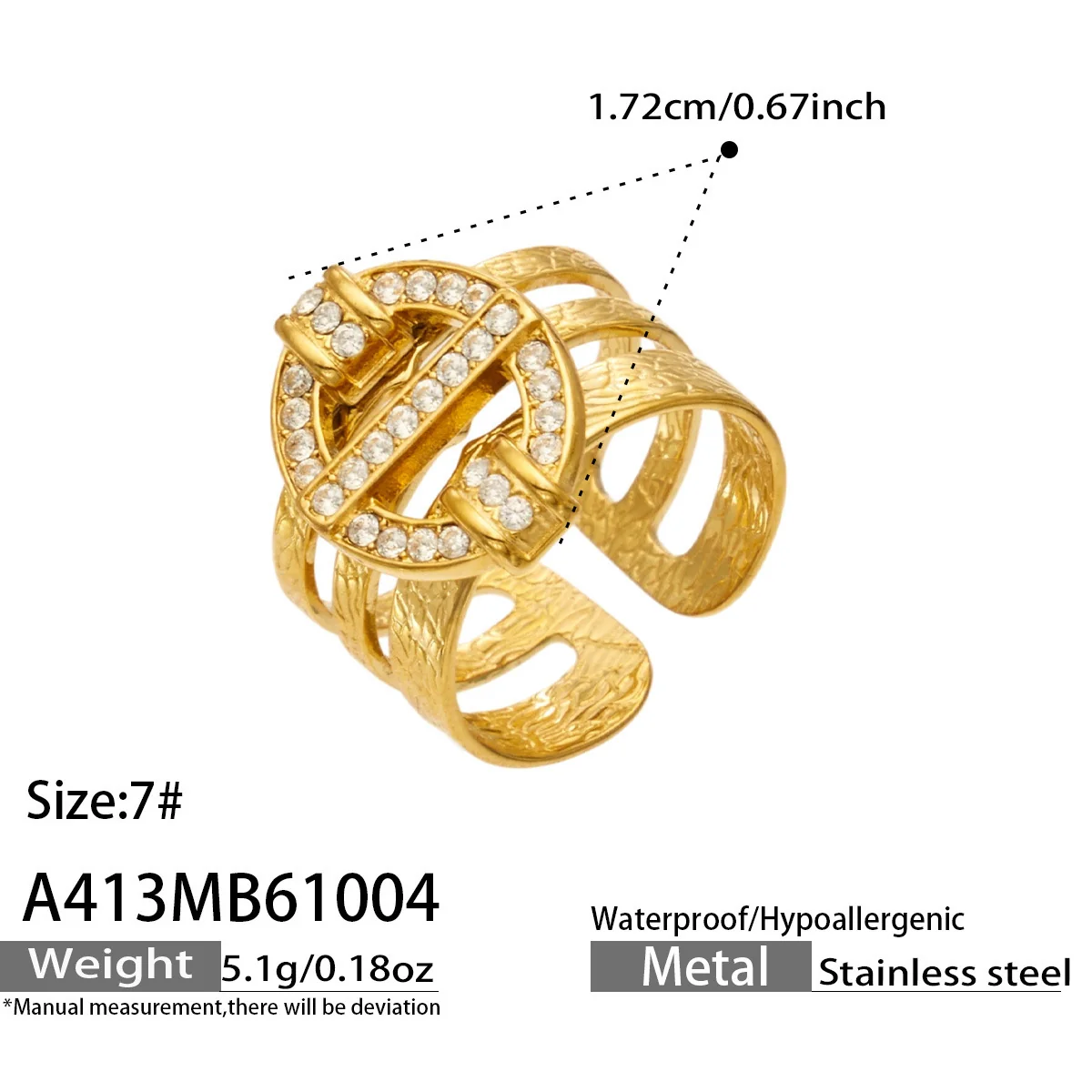 Open ringen met pavé-motieven en geëtste drievoudige banden, roestvrij staal productfoto