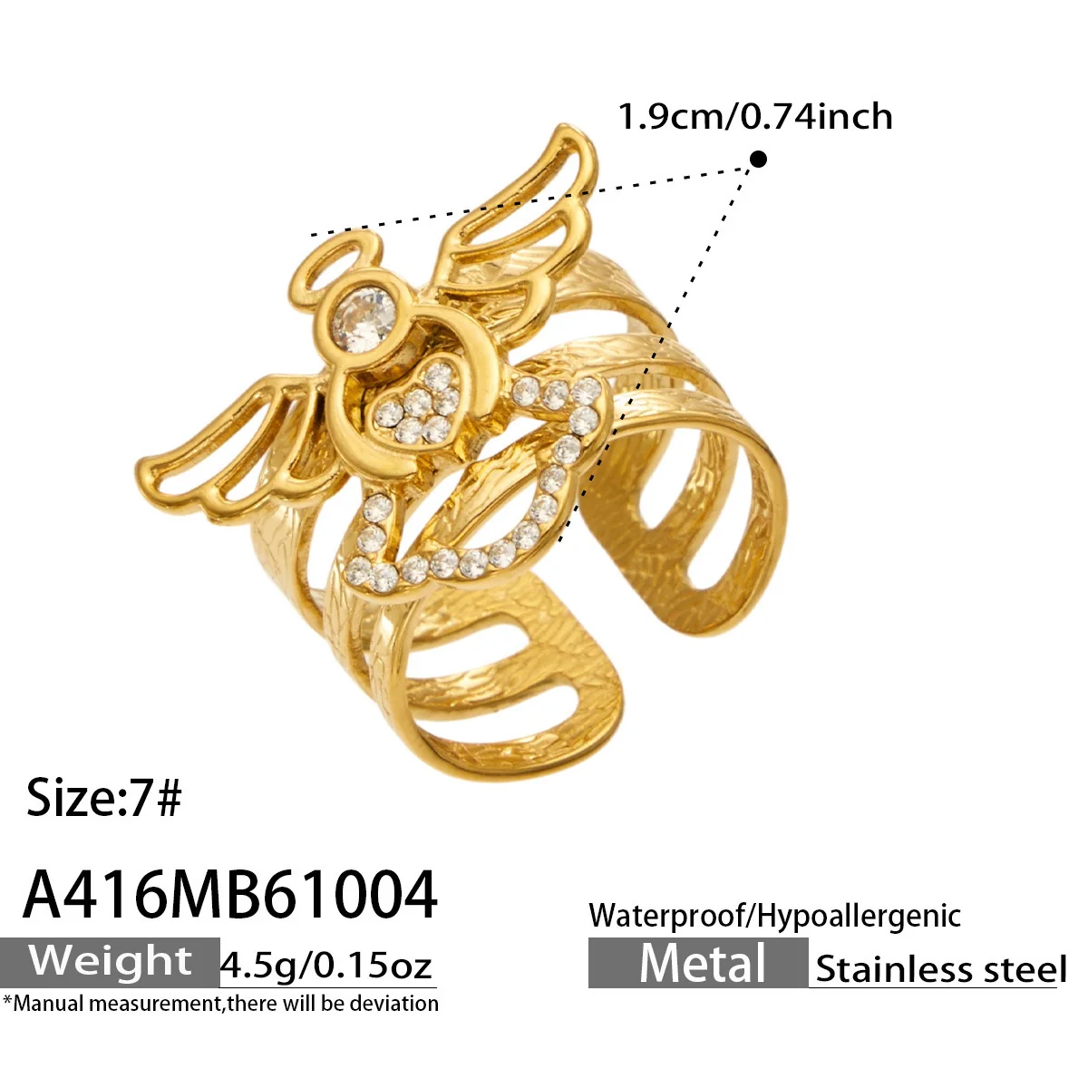 Open ringen met pavé-motieven en geëtste drievoudige banden, roestvrij staal productfoto
