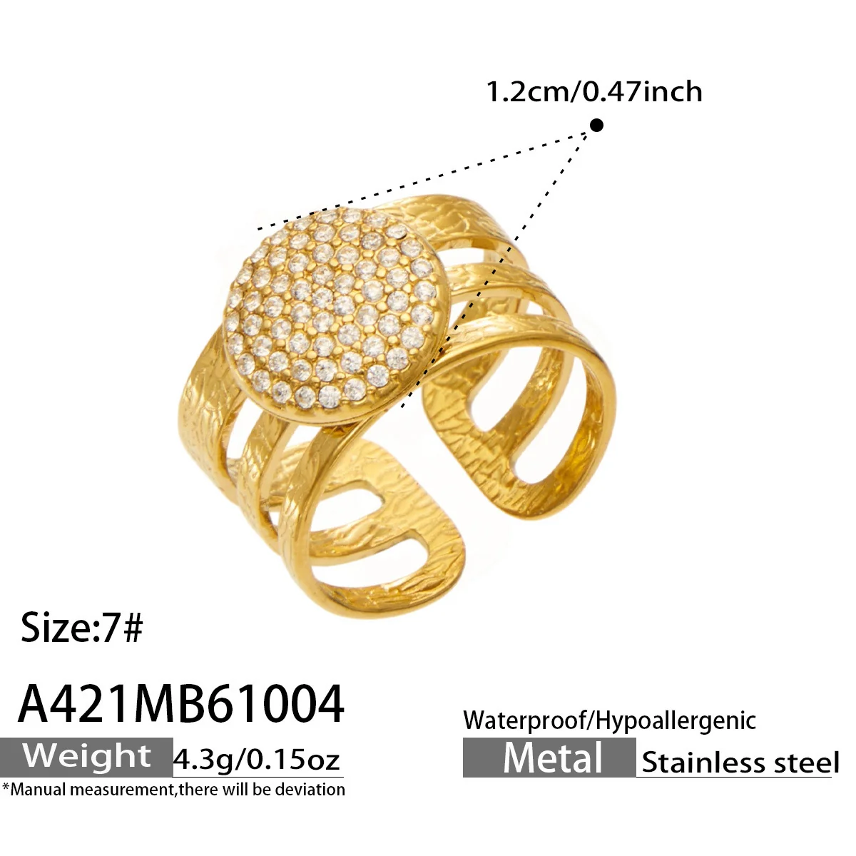 Open ringen met pavé-motieven en geëtste drievoudige banden, roestvrij staal productfoto