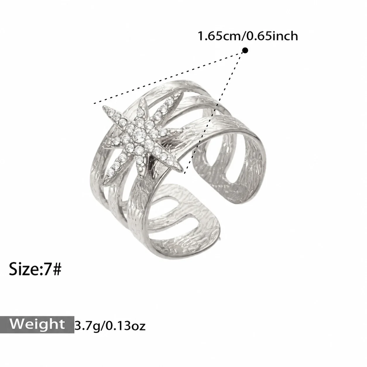 Open ringen met pavé-motieven en geëtste drievoudige banden, roestvrij staal productfoto