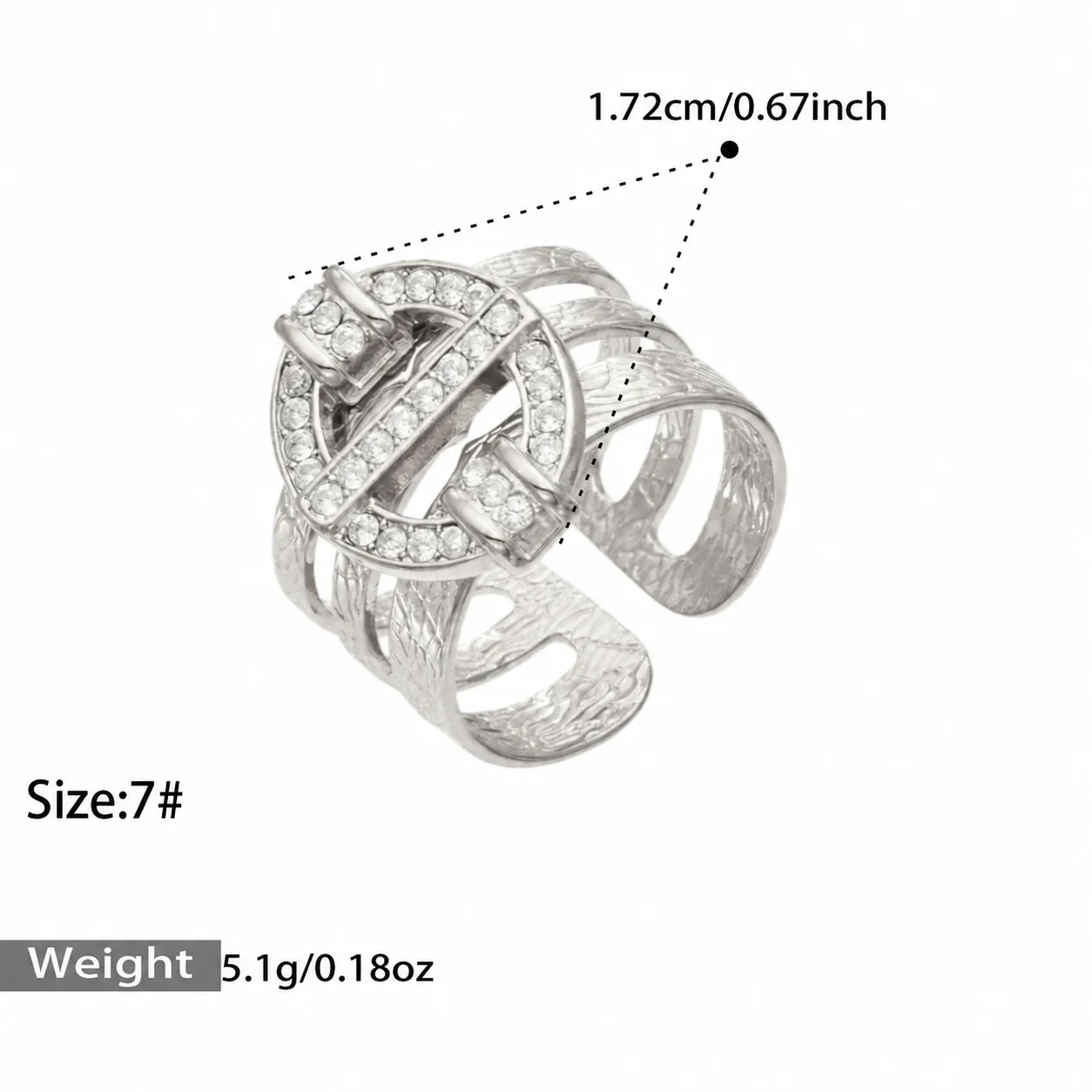 Open ringen met pavé-motieven en geëtste drievoudige banden, roestvrij staal productfoto