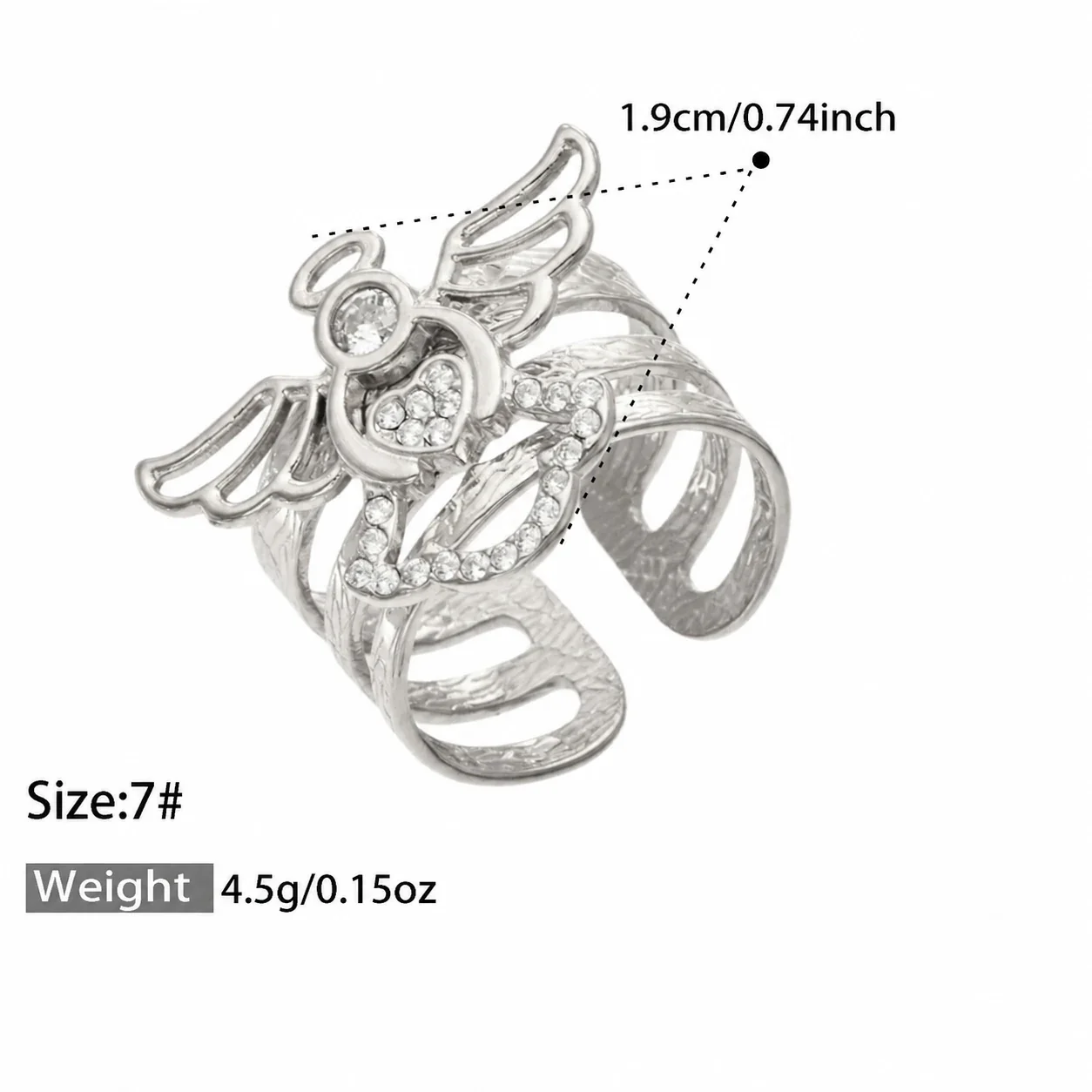 Open ringen met pavé-motieven en geëtste drievoudige banden, roestvrij staal productfoto