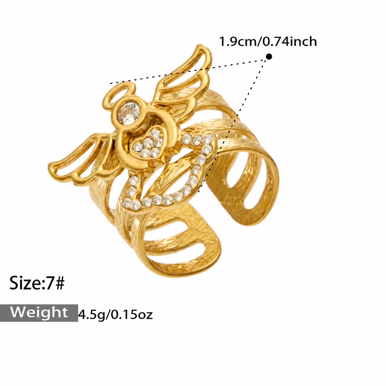 Open ringen met pavé-motieven en geëtste drievoudige banden, roestvrij staal productfoto