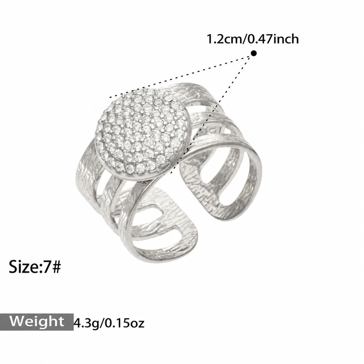 Open ringen met pavé-motieven en geëtste drievoudige banden, roestvrij staal productfoto