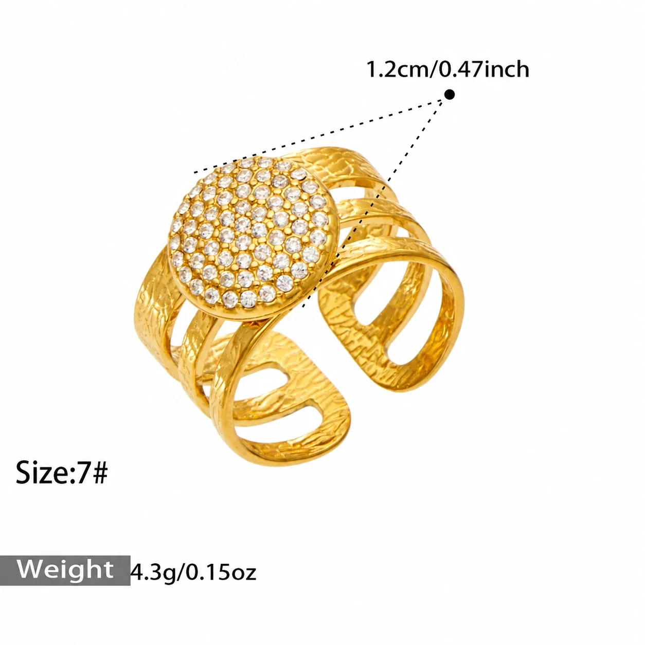 Open ringen met pavé-motieven en geëtste drievoudige banden, roestvrij staal productfoto
