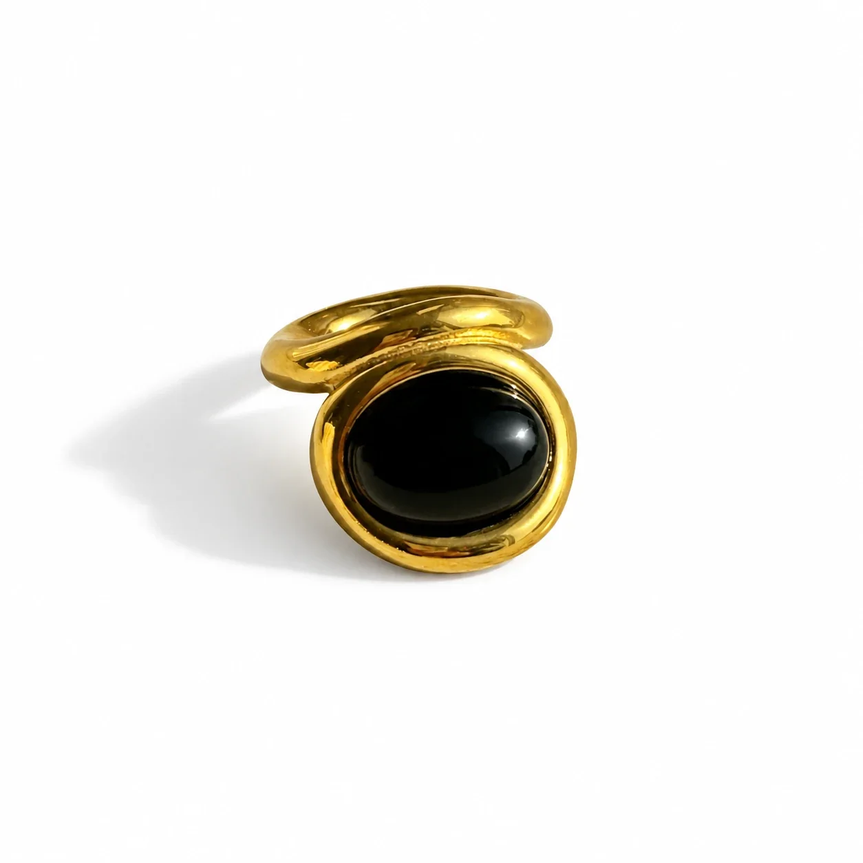 Oval Cabochon Bezel Ring with Split Band, Stainless Steel - Gold Black Crystal