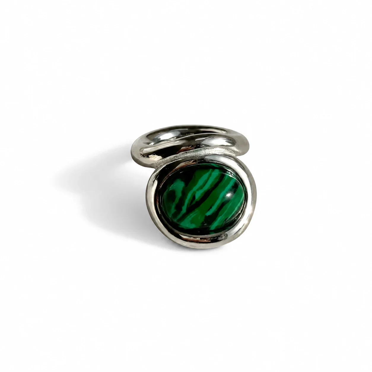 Oval Cabochon Bezel Ring with Split Band, Stainless Steel - Silver Green Striped Crystal of