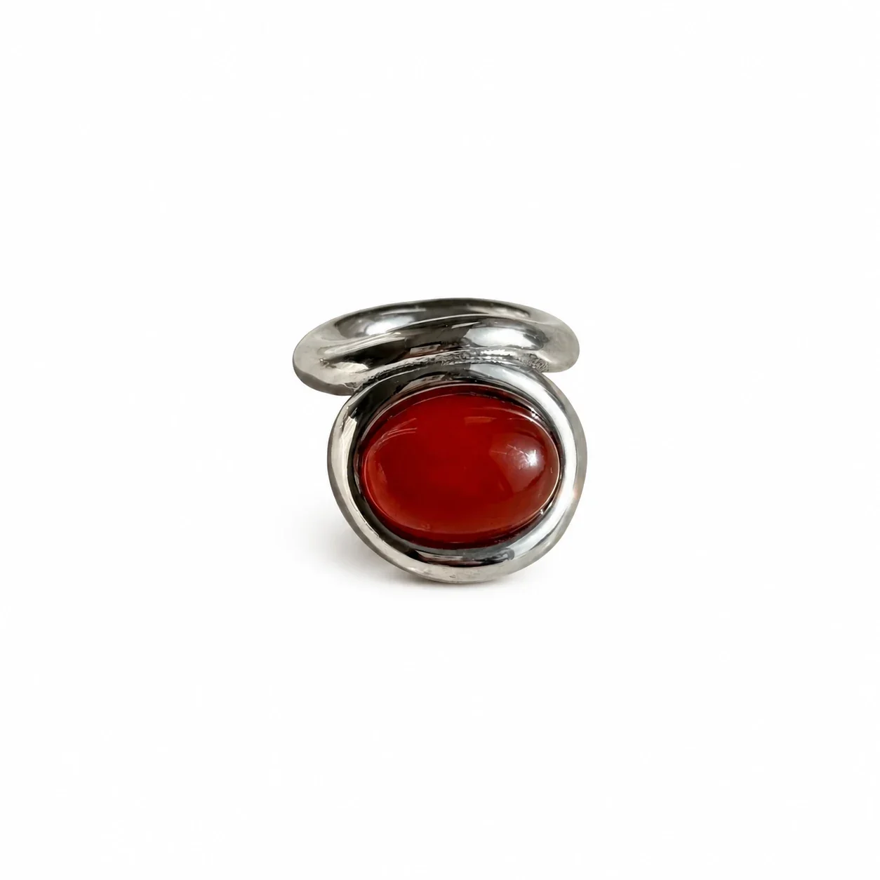 Oval Cabochon Bezel Ring with Split Band, Stainless Steel - Silver Red Crystal