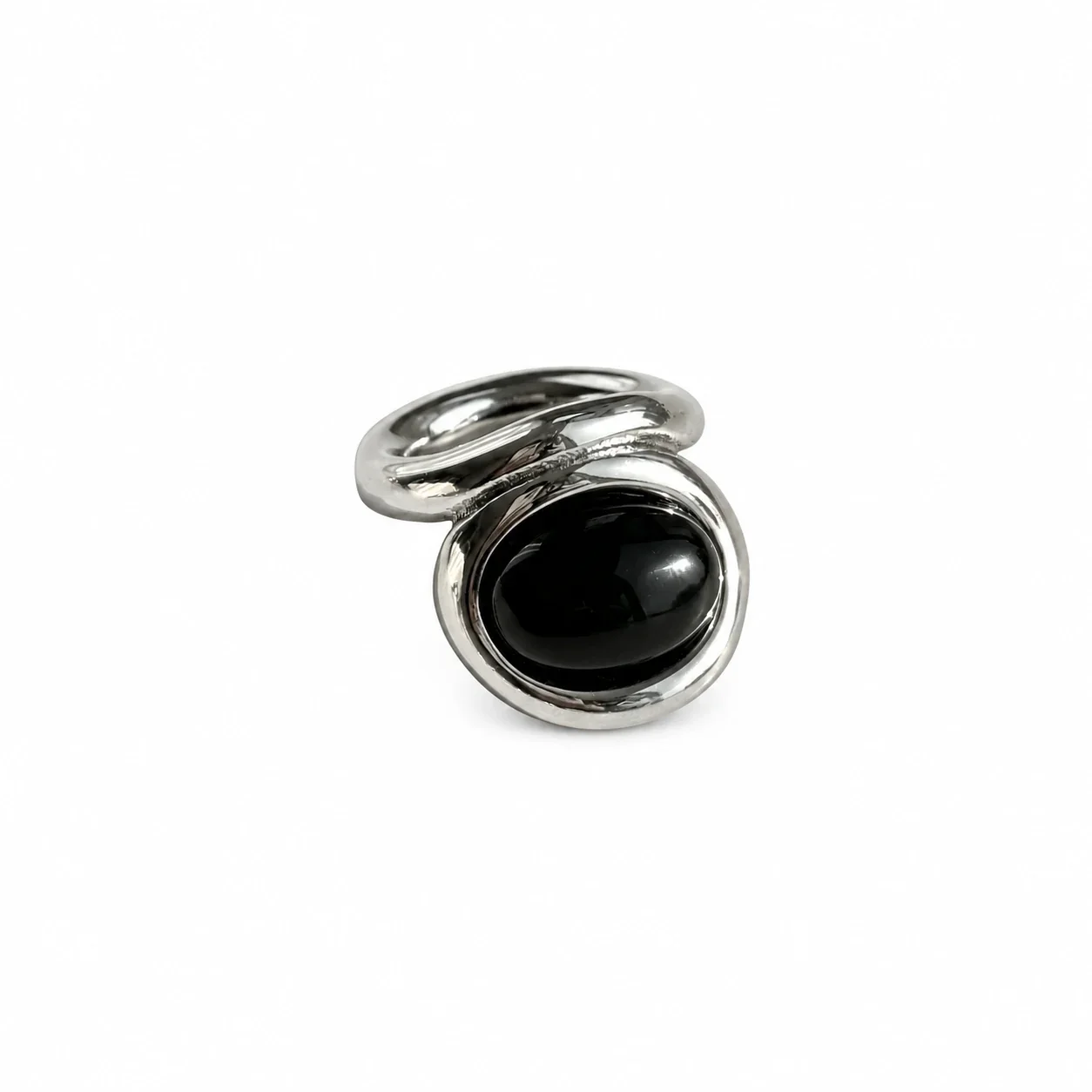 Oval Cabochon Bezel Ring with Split Band, Stainless Steel - Silver Black Crystal