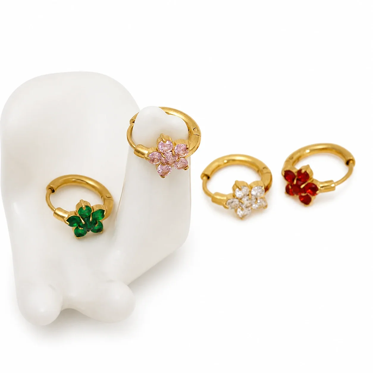 Delicate Gold PVD Flower CZ Huggie Hoop Earrings