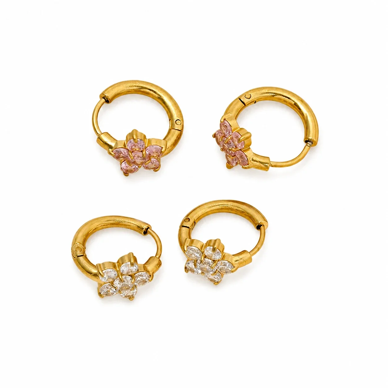 Delicate Gold PVD Flower CZ Huggie Hoop Earrings