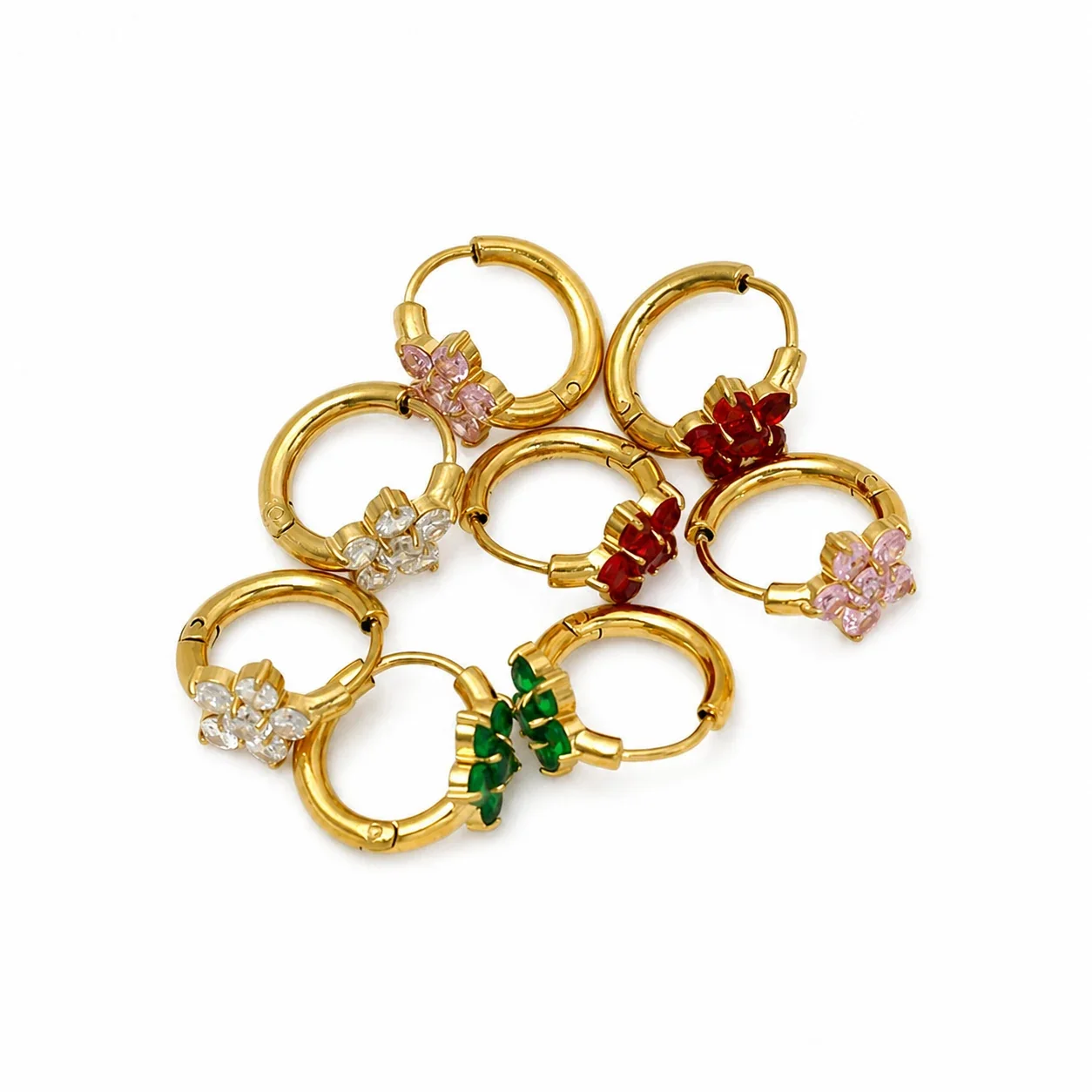 Delicate Gold PVD Flower CZ Huggie Hoop Earrings