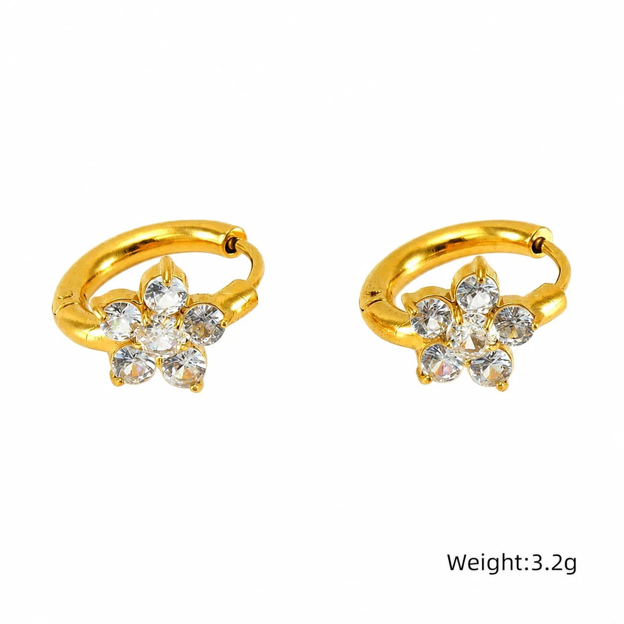 Delicate Gold PVD Flower CZ Huggie Hoop Earrings - Clear CZ