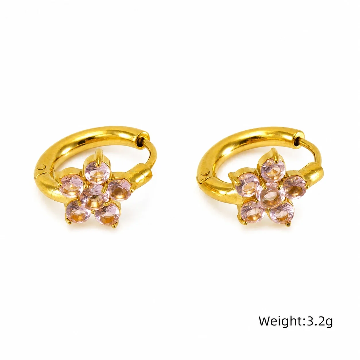 Delicate Gold PVD Flower CZ Huggie Hoop Earrings - Pink CZ