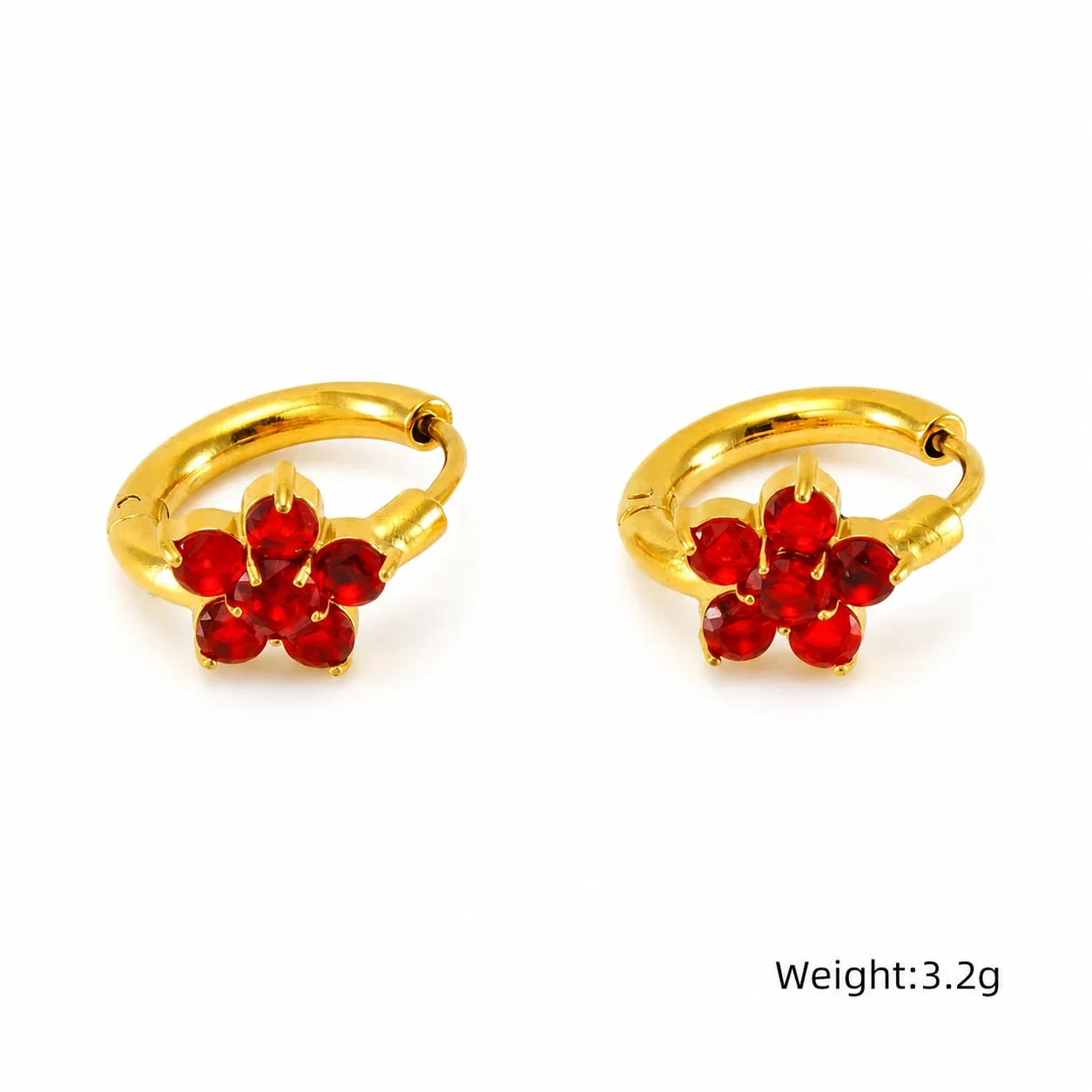 Delicate Gold PVD Flower CZ Huggie Hoop Earrings - Red CZ