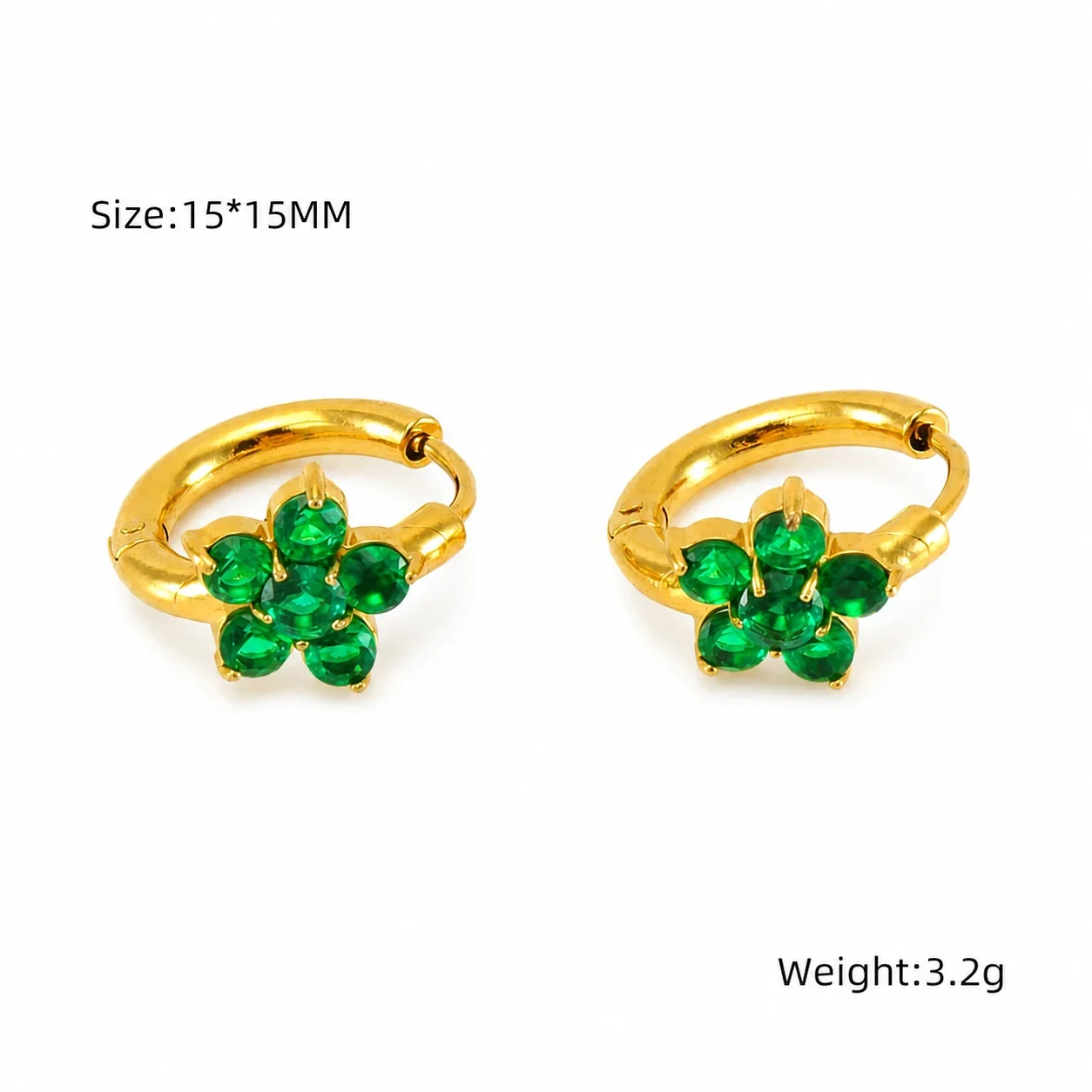 Delicate Gold PVD Flower CZ Huggie Hoop Earrings - Emerald Green CZ
