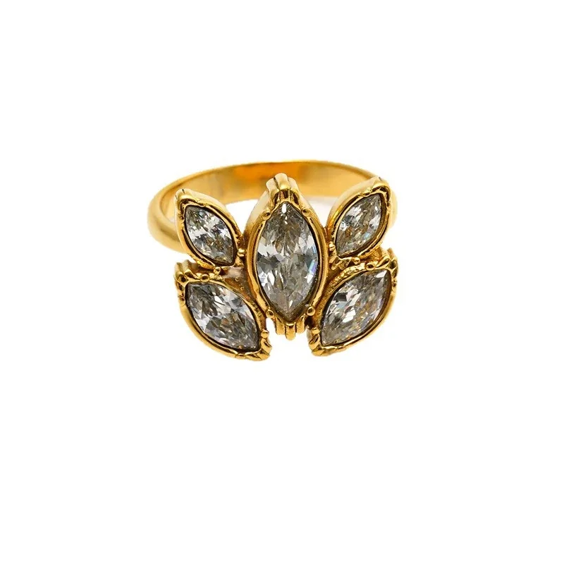 Leafy Marquise Cluster 18K Gold-Plated 316 Stainless Steel Ring