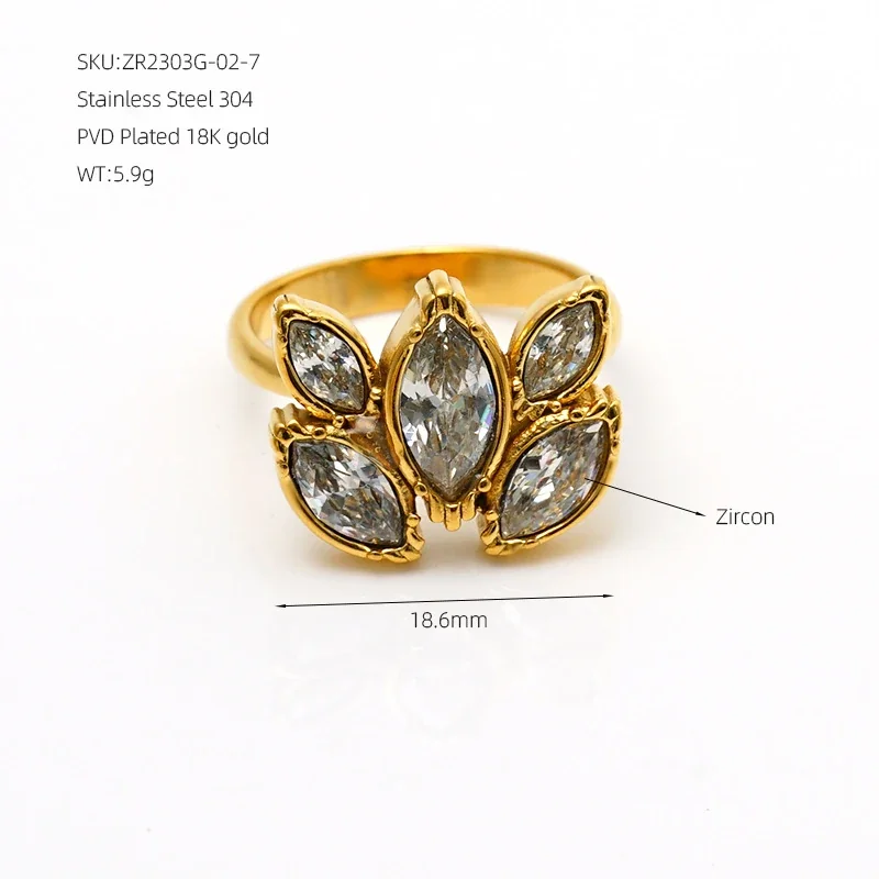 Leafy Marquise Cluster 18K Gold-Plated 316 Stainless Steel Ring - White Cubic Zirconia