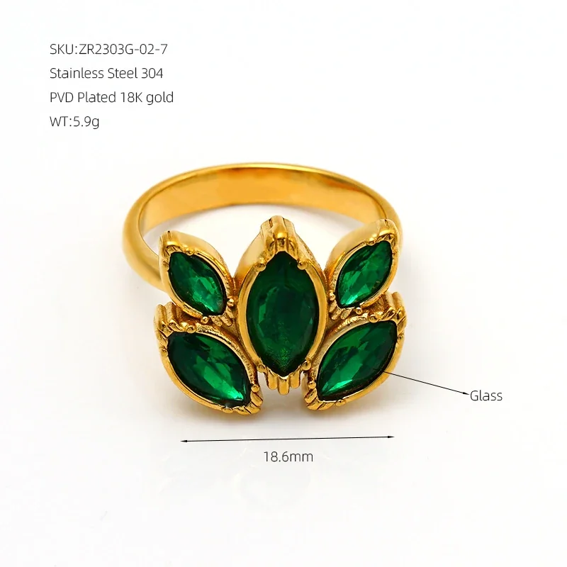 Leafy Marquise Cluster 18K Gold-Plated 316 Stainless Steel Ring - Green Glass