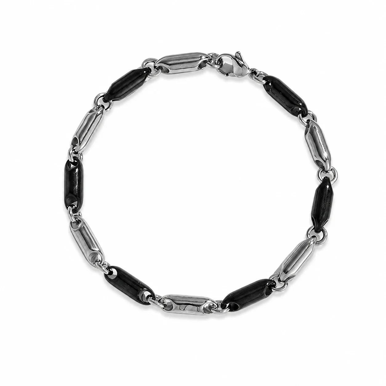 Polished 316 Stainless Steel Bar Link Chain Bracelet - Black and Silver -Tone