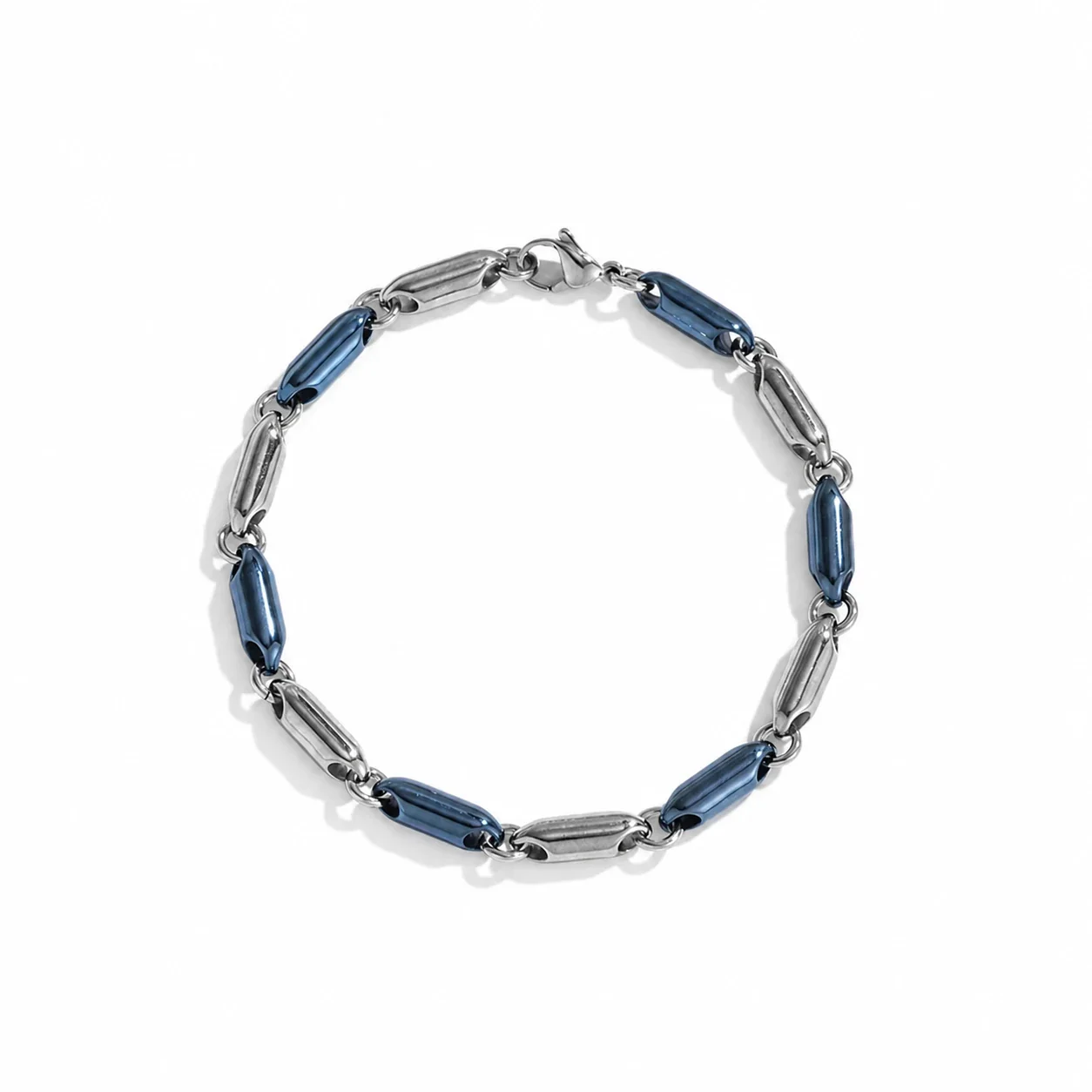 Polished 316 Stainless Steel Bar Link Chain Bracelet - Blue and Silver -Tone