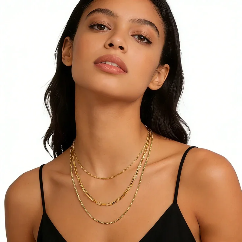 Layered Gold-Plated Stainless Steel Box Paperclip Chain Necklace