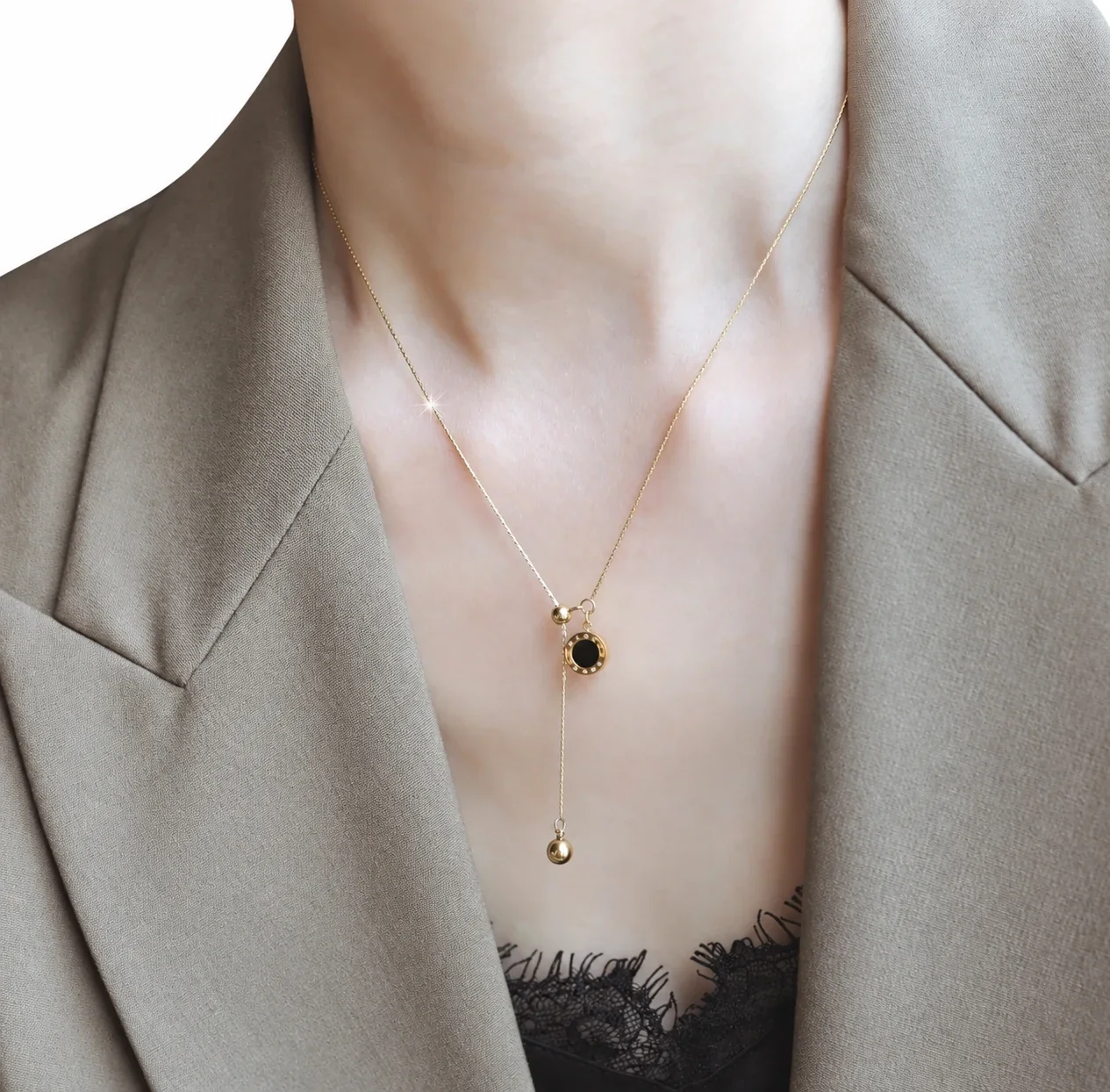 Hangerketting met Omkeerbare Zwarte Schijf van Verguld Roestvrij Staal productfoto