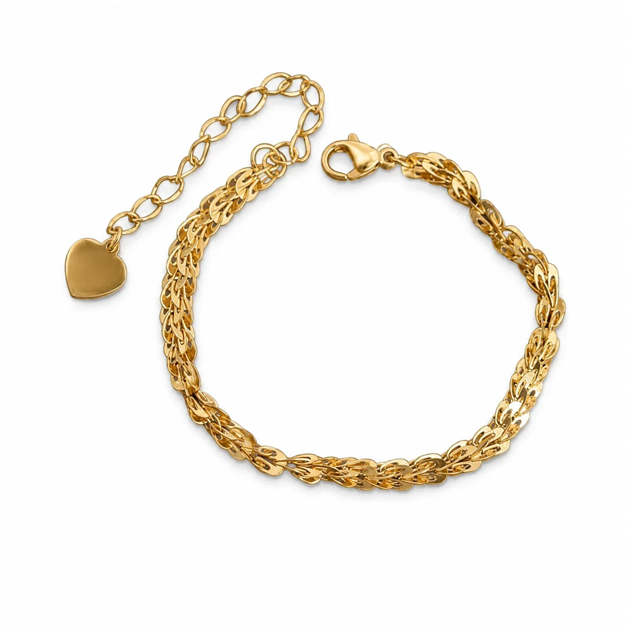 Refined 18K Gold-Plated Wheat Link Heart Charm Bracelet