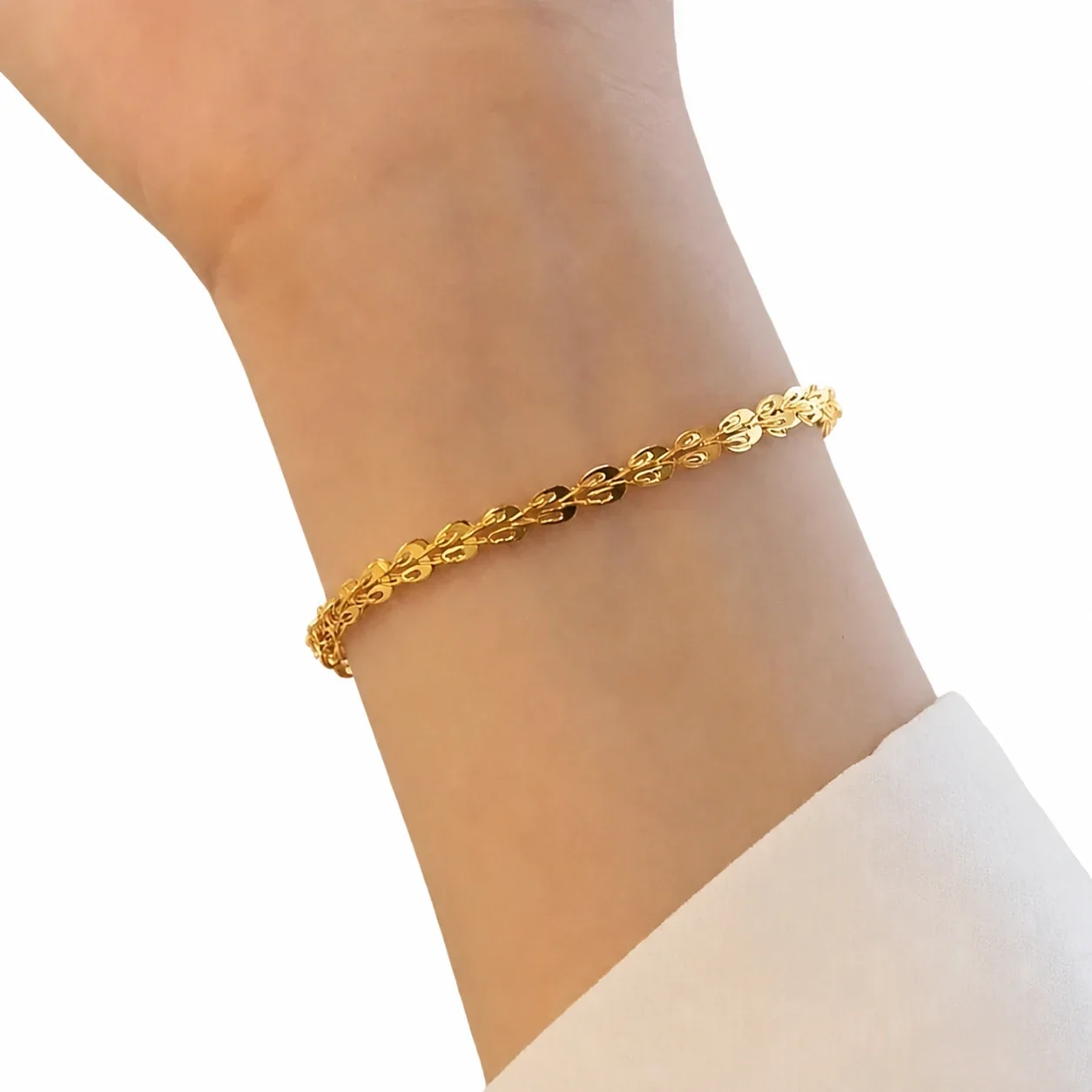 Refined 18K Gold-Plated Wheat Link Heart Charm Bracelet