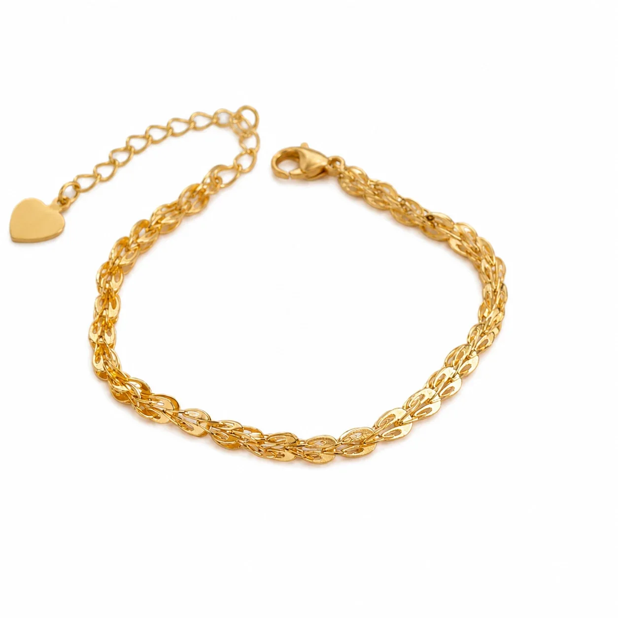 Refined 18K Gold-Plated Wheat Link Heart Charm Bracelet