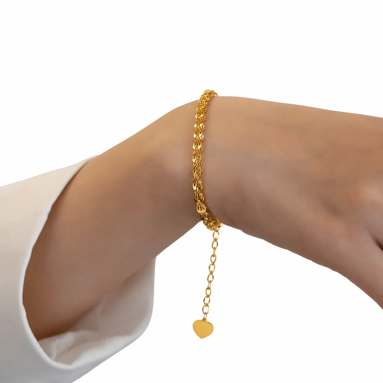 Refined 18K Gold-Plated Wheat Link Heart Charm Bracelet