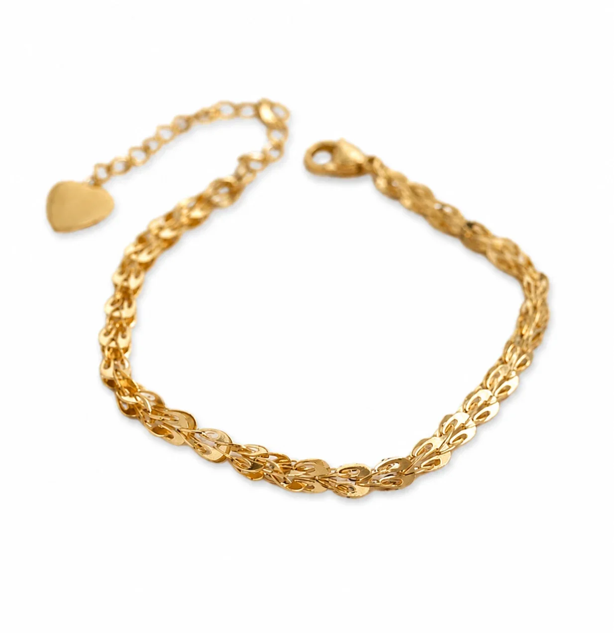 Refined 18K Gold-Plated Wheat Link Heart Charm Bracelet - Gold