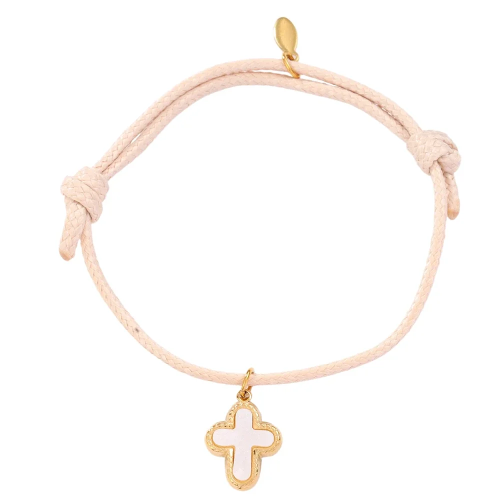 Pulseira de cordão com pendente de cruz, aço inoxidável 316 banhado a ouro 18K