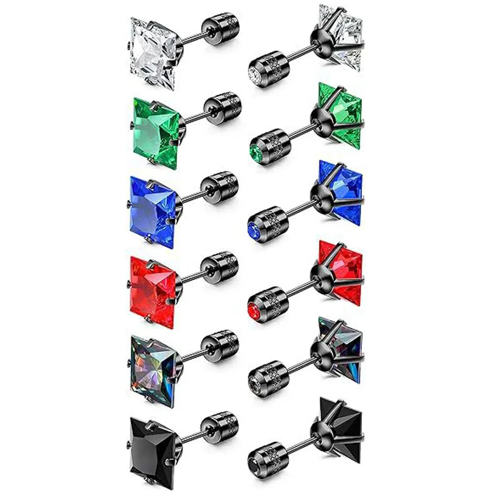 Stud Earrings, Round & Square Prong-Set CZ, Stainless Steel