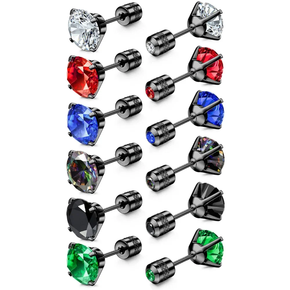 Stud Earrings, Round & Square Prong-Set CZ, Stainless Steel