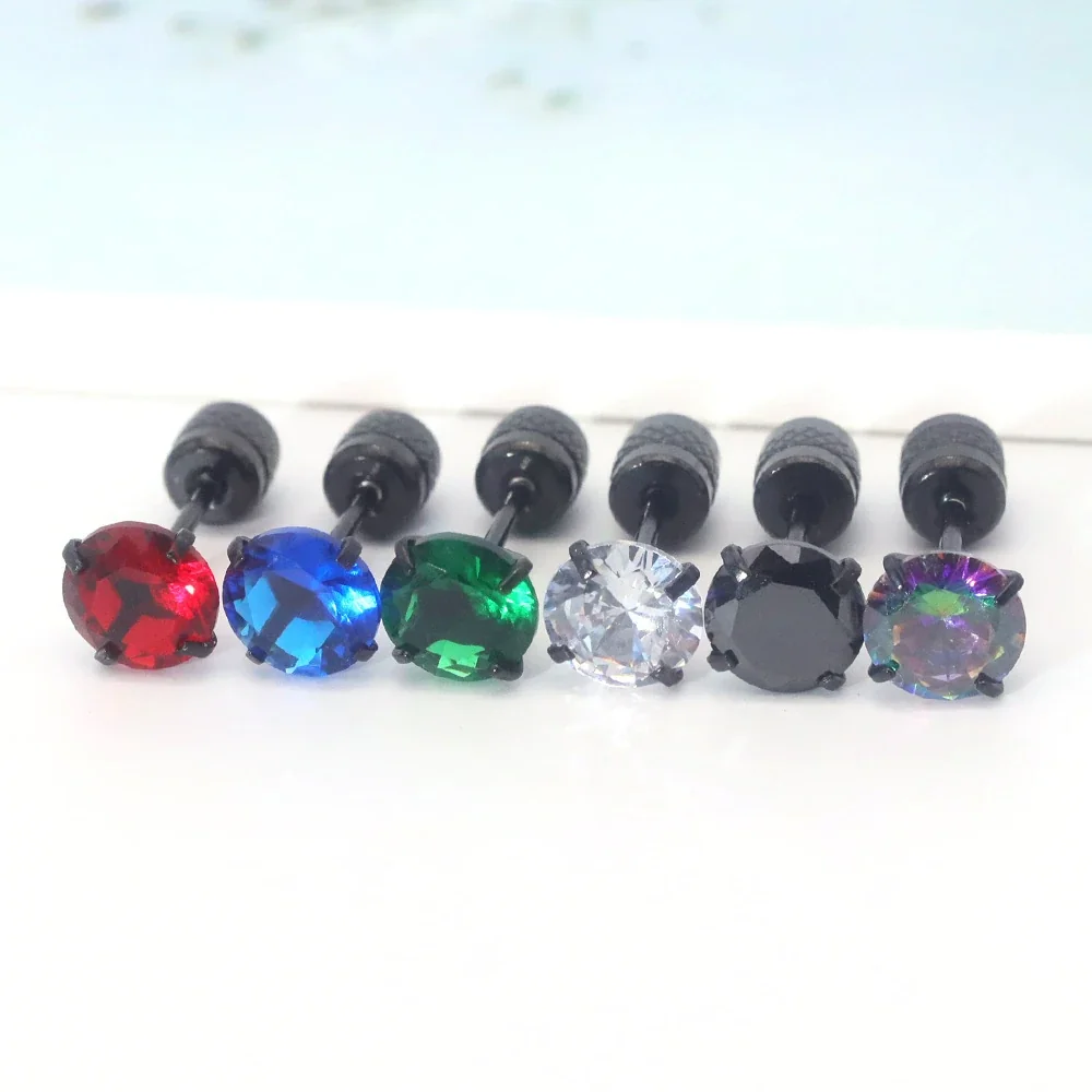 Stud Earrings, Round & Square Prong-Set CZ, Stainless Steel