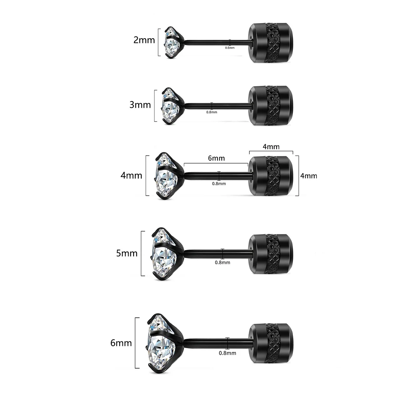 Stud Earrings, Round & Square Prong-Set CZ, Stainless Steel