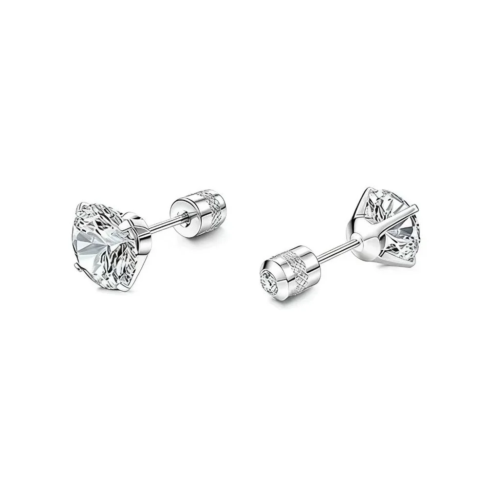Stud Earrings, Round & Square Prong-Set CZ, Stainless Steel - Silver Round Clear CZ - Single Piece